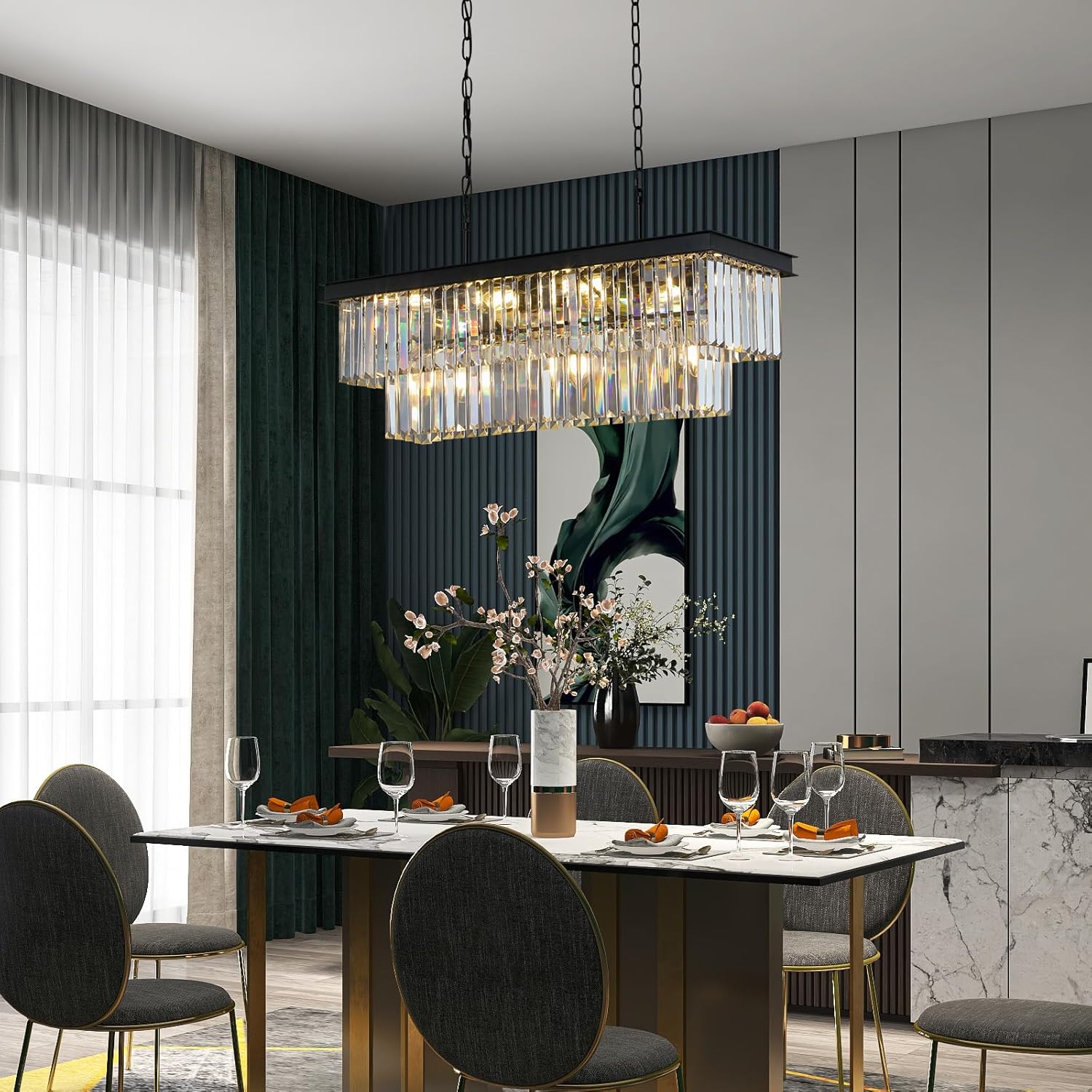 Weesalife Crystal Chandeliers for Dining Room 11-Light Black Modern Chandelier Rectangle Contemporary Pendant Light Fixture for Kitchen Island Bar L33.5 Inch Black L33.5'' - 11 Lights